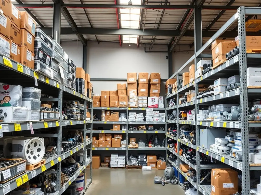 A photograph showcasing a variety of industrial controllers, sensors, and communication modules in a well-organized warehouse setting.
