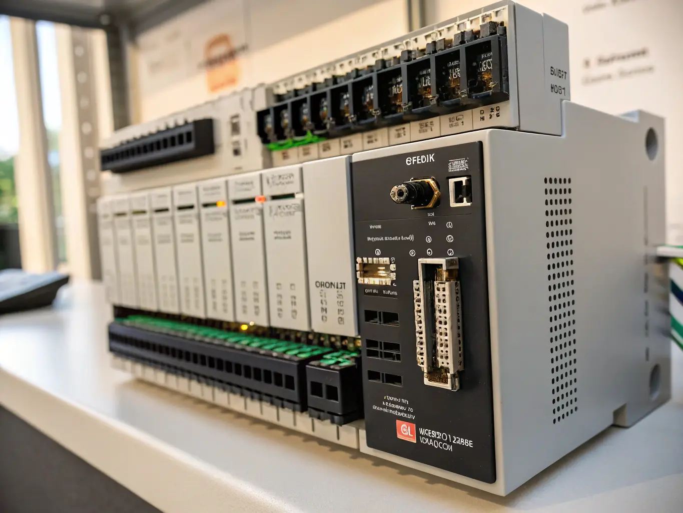 A detailed close-up shot of a programmable logic controller (PLC) with visible wiring and connections, highlighting its complexity and importance in automation systems.