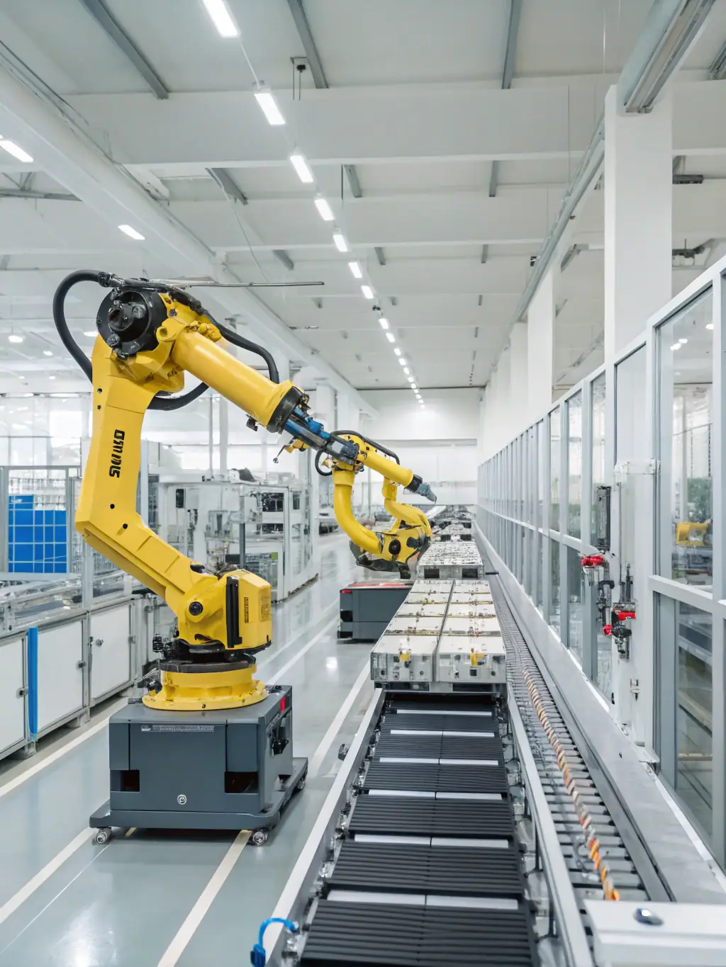 An image of a modern food processing plant with robotic arms and automated packaging lines, emphasizing hygiene and precision.