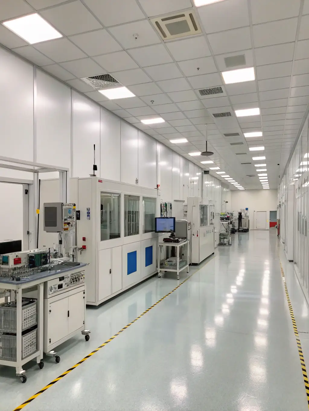 A cleanroom environment in a pharmaceutical manufacturing facility with automated dispensing and monitoring systems, showcasing precision and compliance.