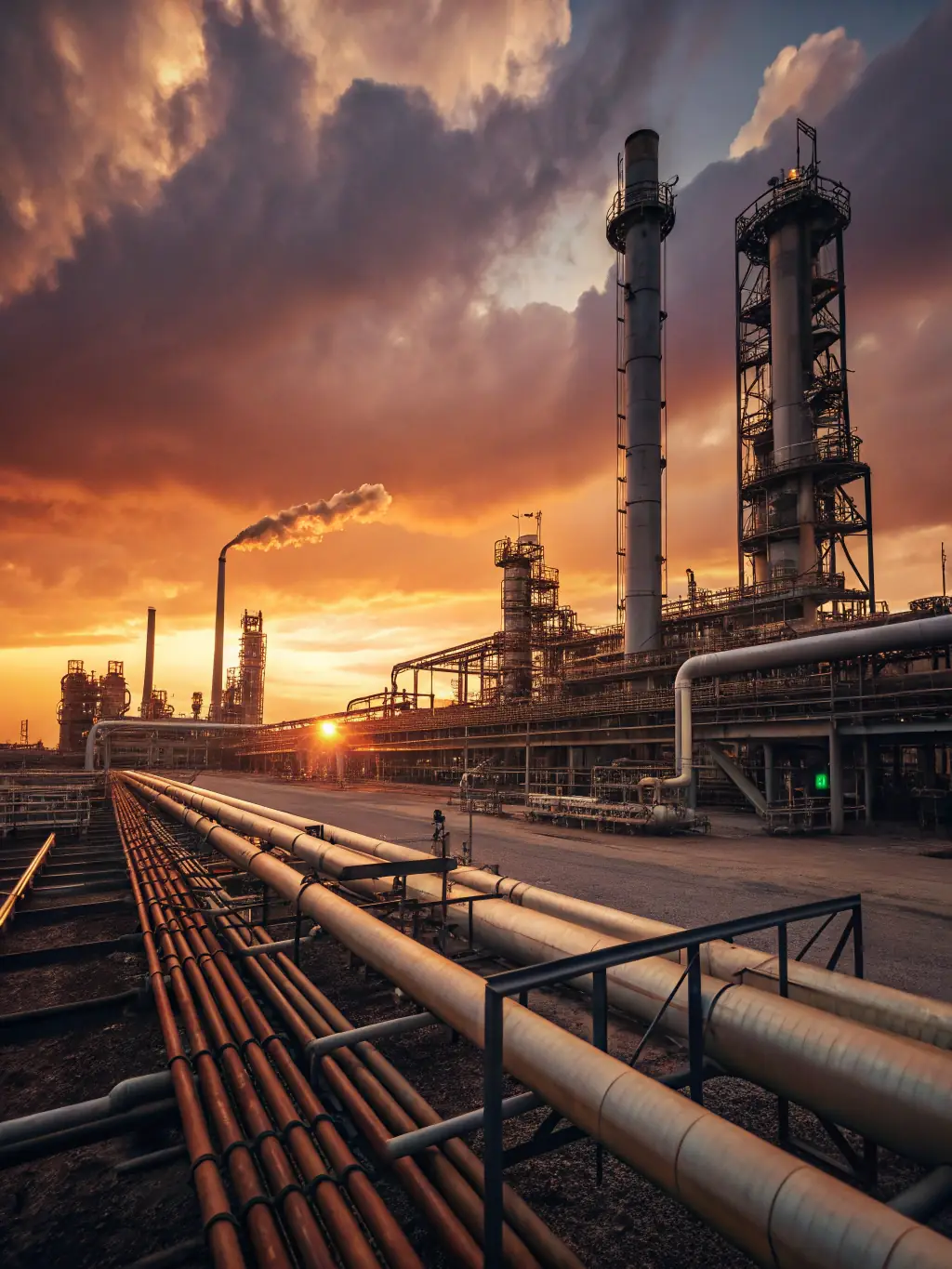 A high-resolution image of a chemical plant with automated control systems, showcasing advanced monitoring and control equipment.