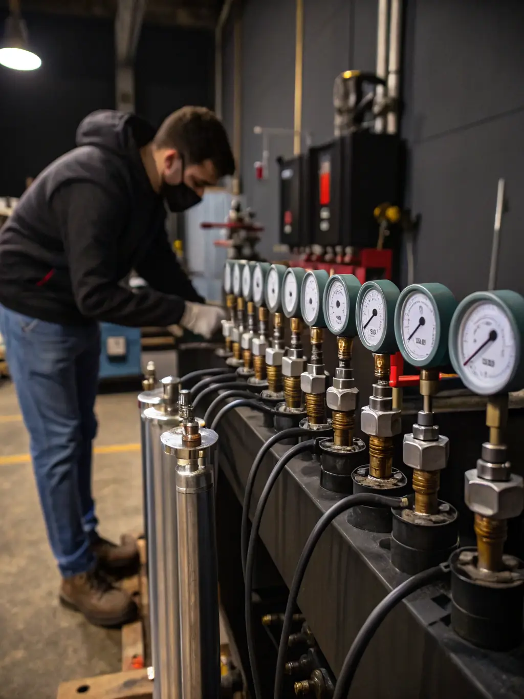 A variety of industrial sensors, including temperature, pressure, and flow sensors, neatly arranged on a workbench, ready for calibration and testing.