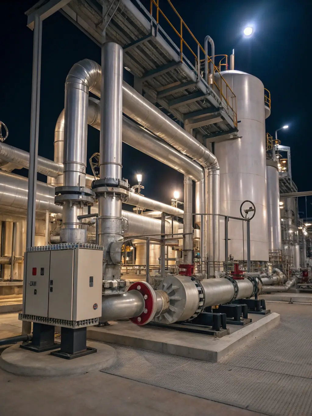 A photograph of an oil refinery with complex piping and control systems, highlighting the integration of automation technologies.