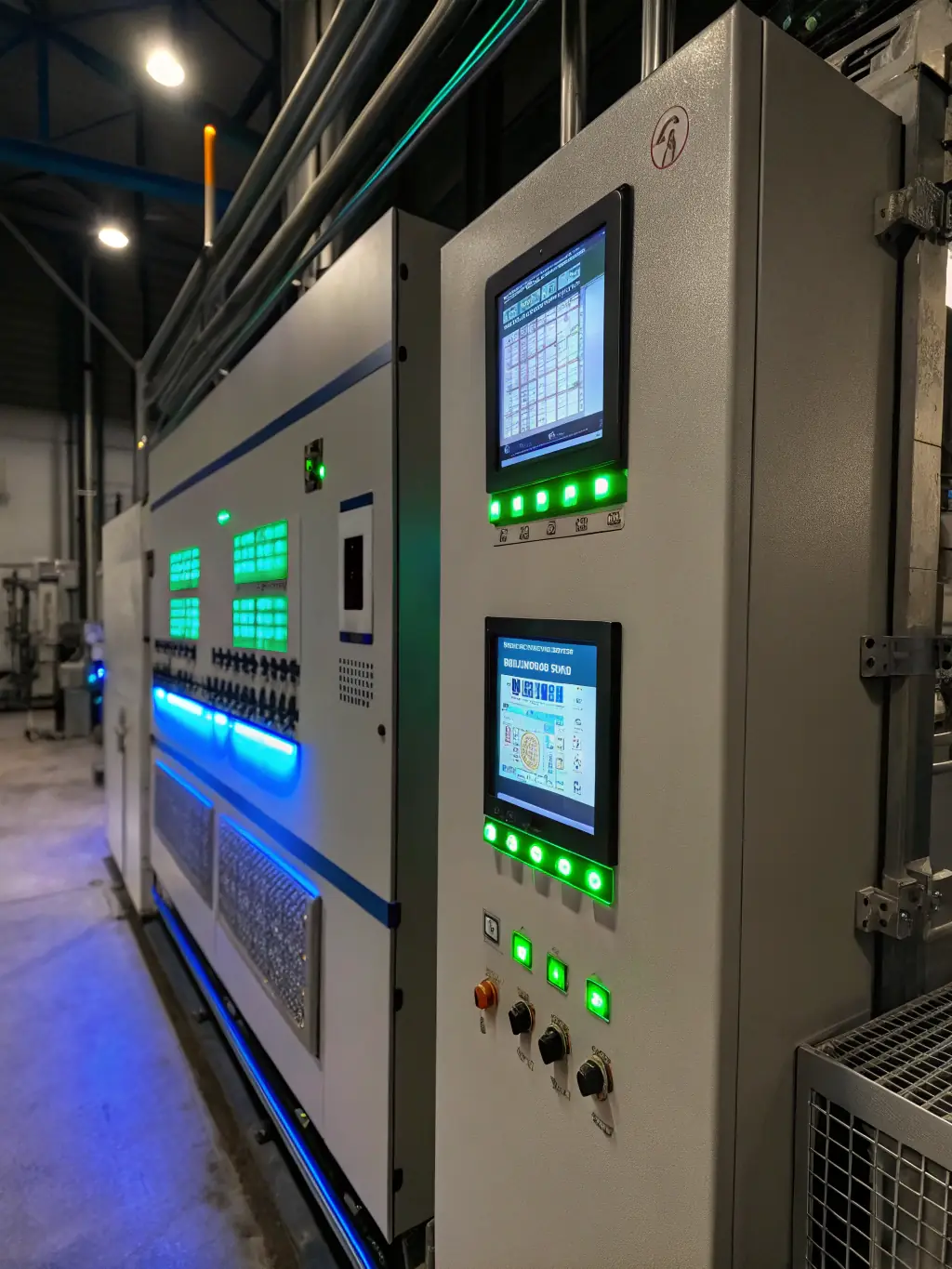 An operator panel with a clear, user-friendly interface displaying real-time process data and control options in an industrial setting.